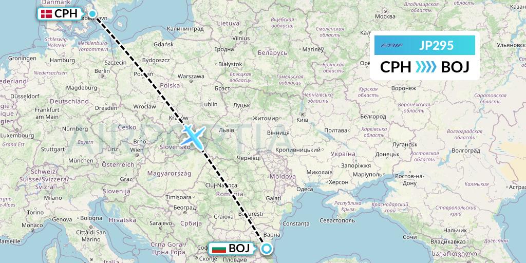 JP295 Adria Airways Flight Map: Copenhagen to Burgas