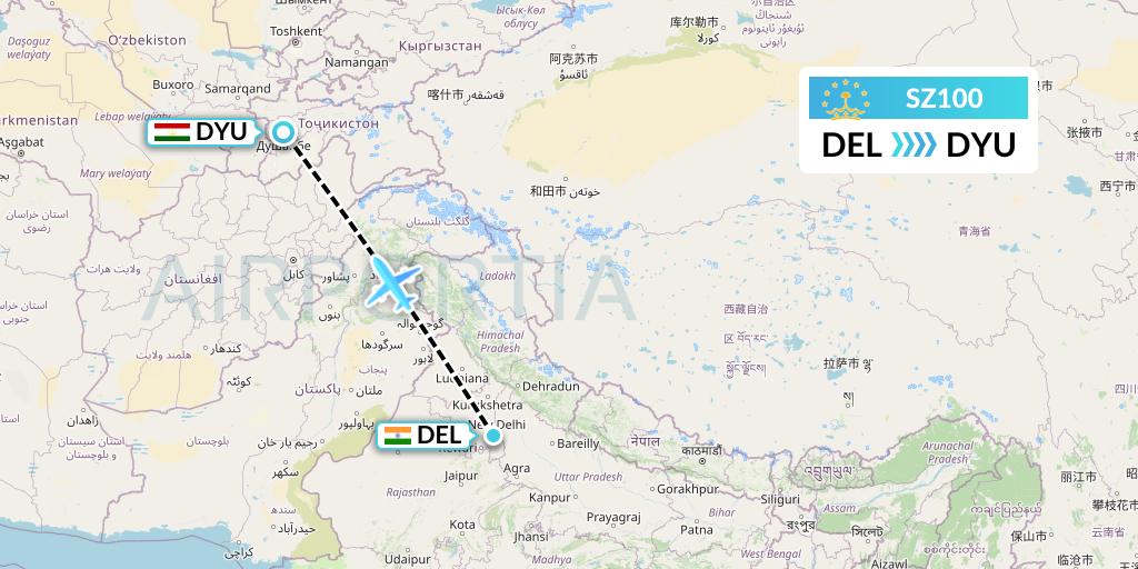 SZ100 Somon Air Flight Map: Delhi to Dushanbe