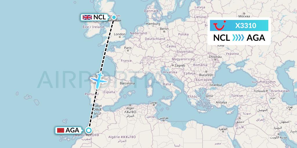 X3310 TUI fly Germany Flight Map: Newcastle to Agadir