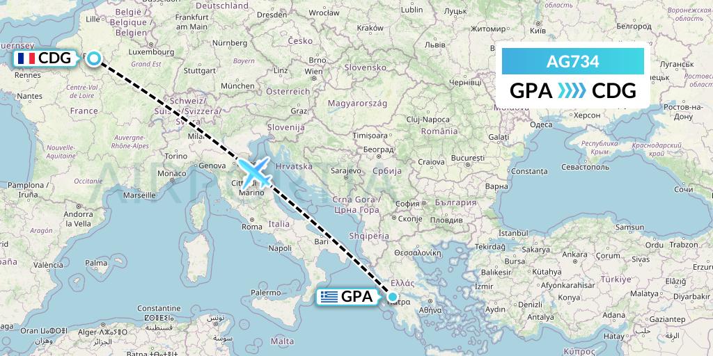AG734 Aruba Airlines Flight Map: Patras to Paris