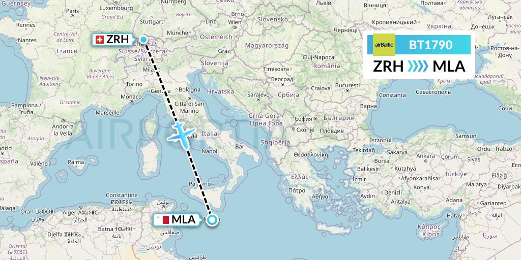 BT1790 Air Baltic Flight Map: Zurich to Malta