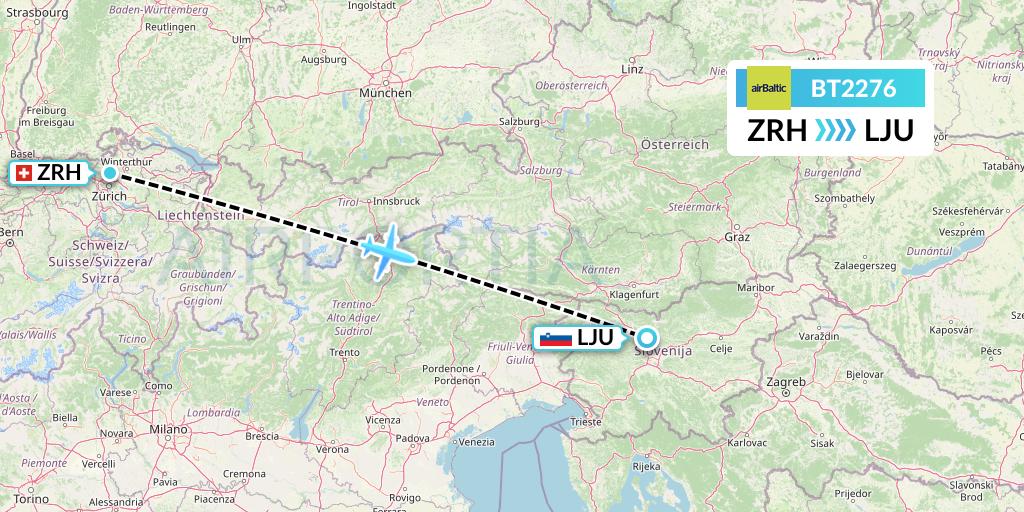 BT2276 Air Baltic Flight Map: Zurich to Ljubljana