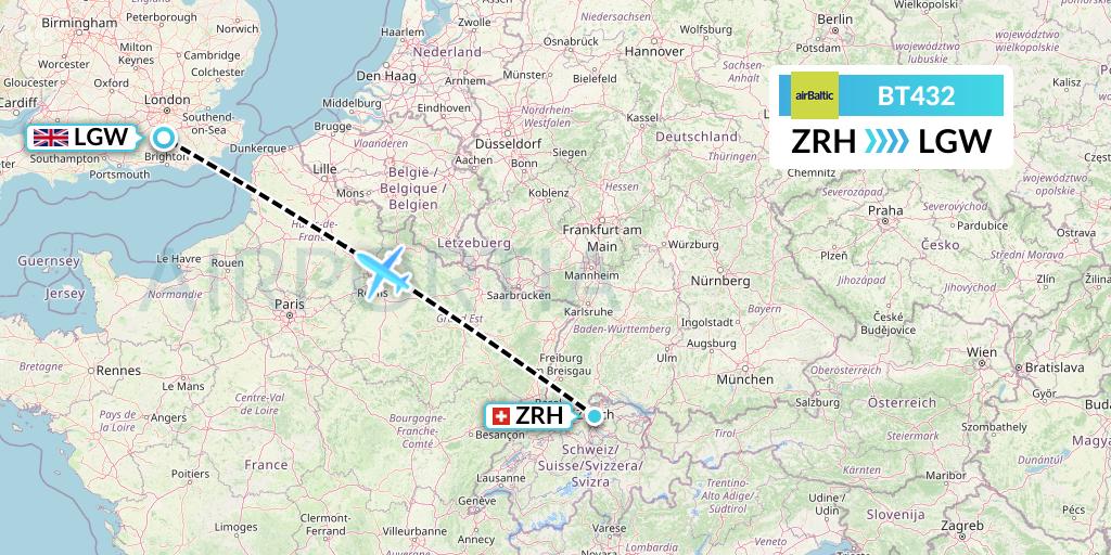 BT432 Air Baltic Flight Map: Zurich to London