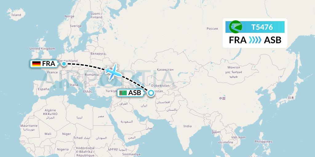 T5476 Turkmenistan Airlines Flight Map: Frankfurt to Ashgabat