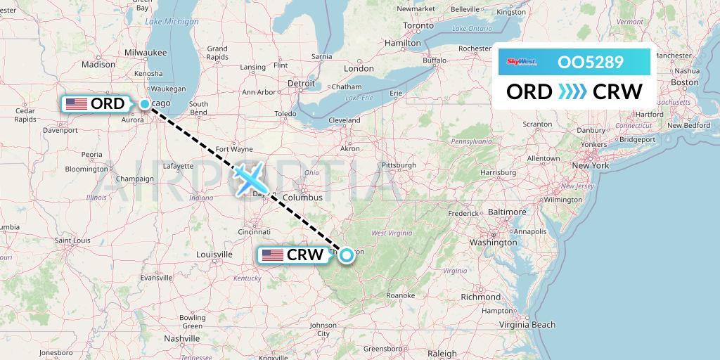 OO5289 SkyWest Airlines Flight Map: Chicago to Charleston