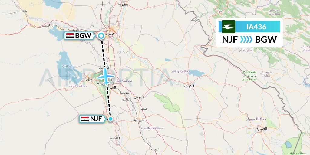 IA436 Iraqi Airways Flight Map: Najaf to Baghdad