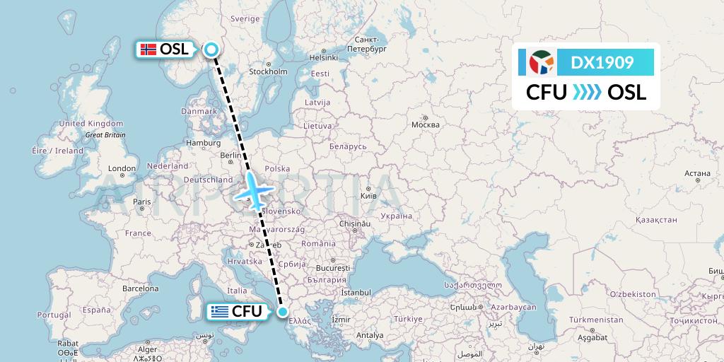 DX1909 Danish Air Transport Flight Map: Corfu to Oslo