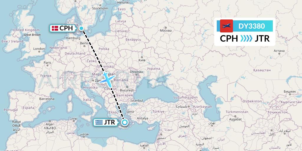 DY3380 Norwegian Flight Map: Copenhagen to Santorini