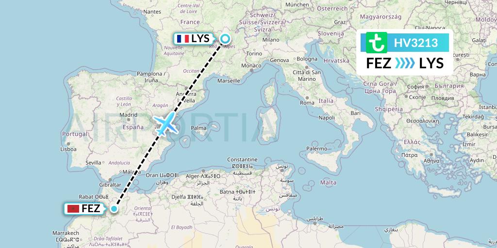 HV3213 Transavia Flight Map: Fes to Lyon