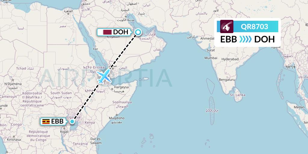 QR8703 Qatar Airways Flight Map: Entebbe to Doha