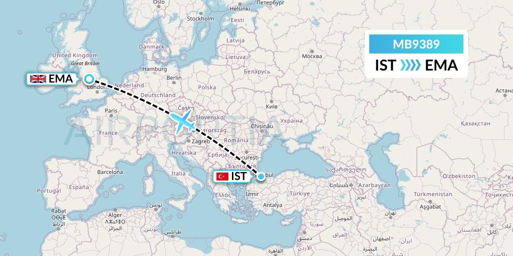 MB9389 MNG Airlines Flight Map: Istanbul to East Midlands