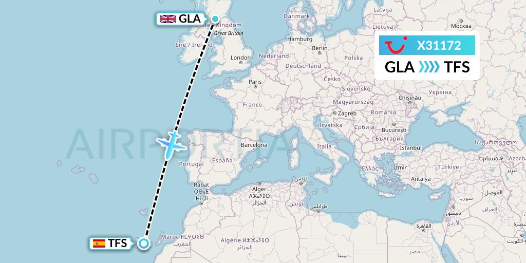 X31172 TUI fly Germany Flight Map: Glasgow to Tenerife