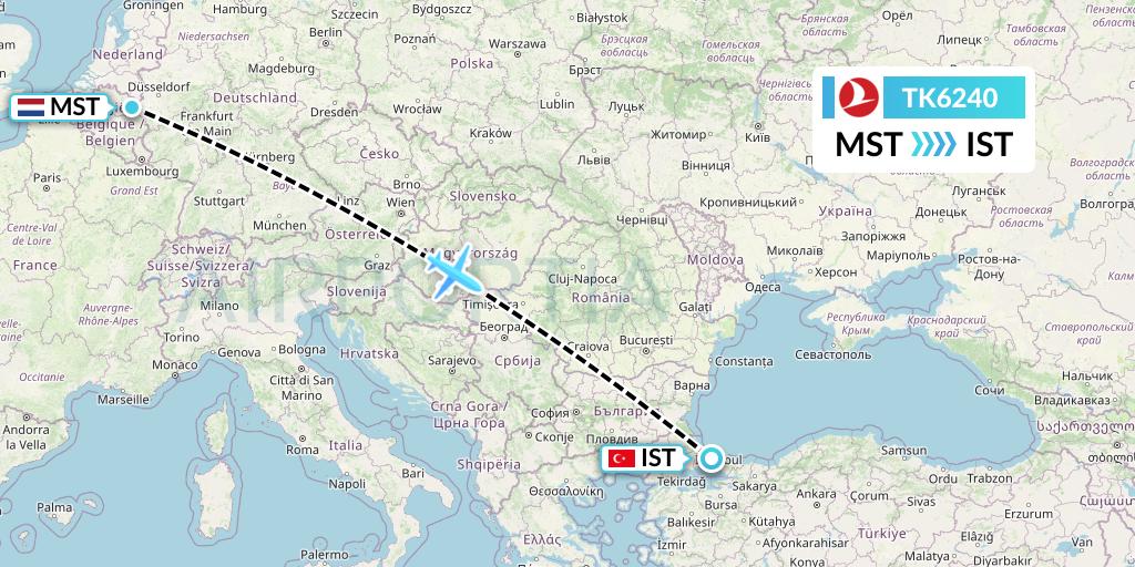 TK6240 Turkish Airlines Flight Map: Maastricht to Istanbul