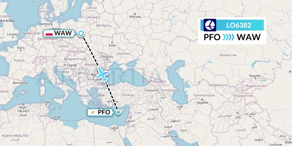 LO6382 LOT Flight Map: Pafos to Warsaw