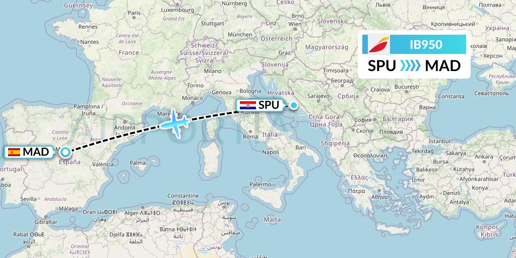 IB950 Iberia Flight Map: Split to Madrid