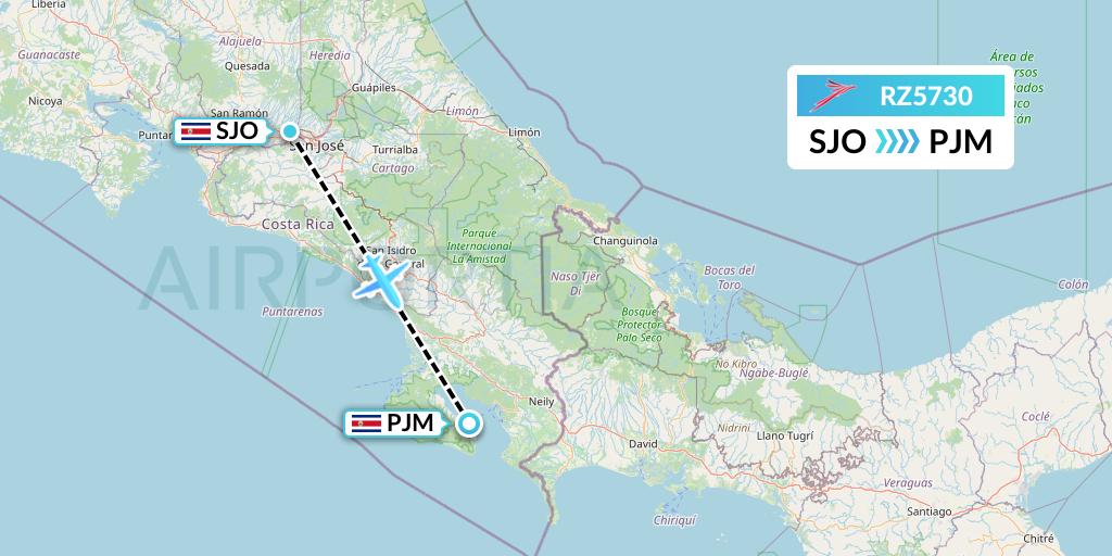 RZ5730 Sansa Airlines Flight Map: San Jose to Puerto Jimenez