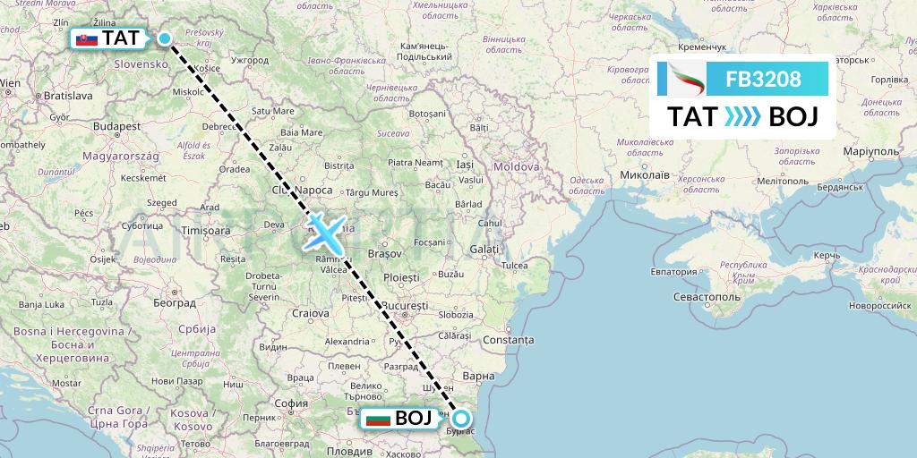 FB3208 Bulgaria Air Flight Map: Poprad to Burgas