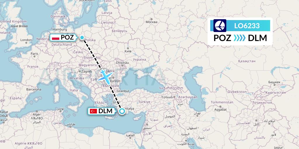 LO6233 LOT Flight Map: Poznan to Dalaman