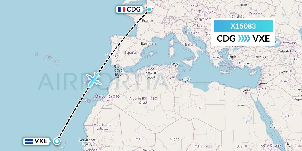 X15083 Nik Airways Flight Map: Paris to Sao Vicente