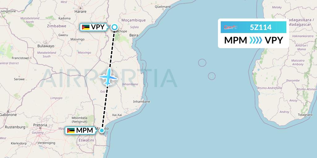 5Z114 CemAir Flight Map: Maputo to Chimoio