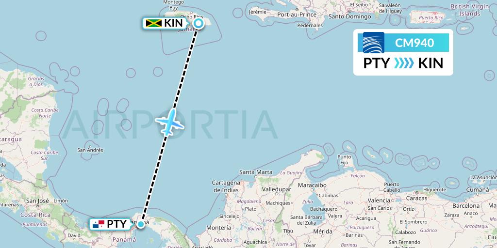 CM940 Copa Airlines Flight Map: Panama City to Kingston