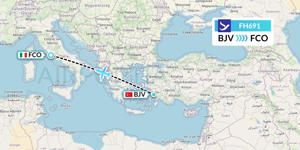 FH691 Freebird Airlines Flight Map: Bodrum to Rome