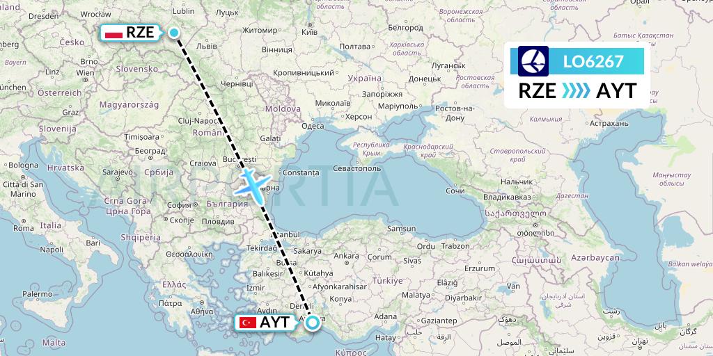 LO6267 LOT Flight Map: Rzeszow to Antalya