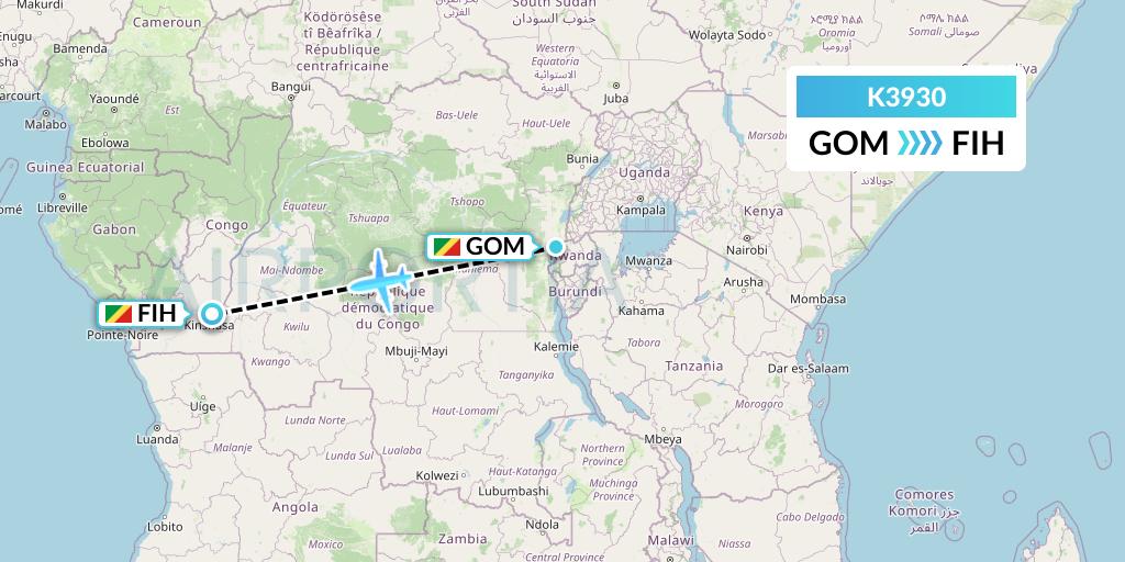K3930 Taquan Air Flight Map: Goma to Kinshasa