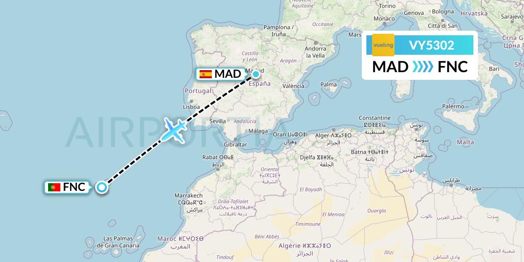 VY5302 Vueling Flight Map: Madrid to Funchal