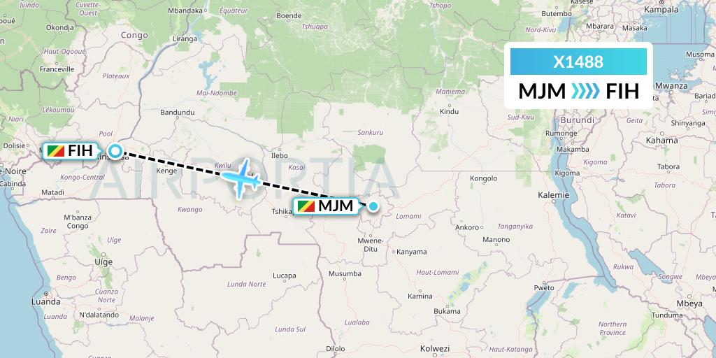 X1488 Nik Airways Flight Map: Mbuji Mayi to Kinshasa
