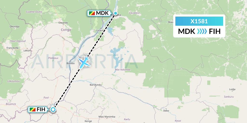 X1581 Nik Airways Flight Map: Mbandaka to Kinshasa