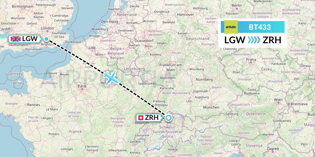 BT433 Air Baltic Flight Map: London to Zurich