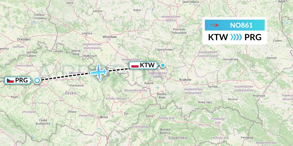 NO861 Neos Flight Map: Katowice to Prague