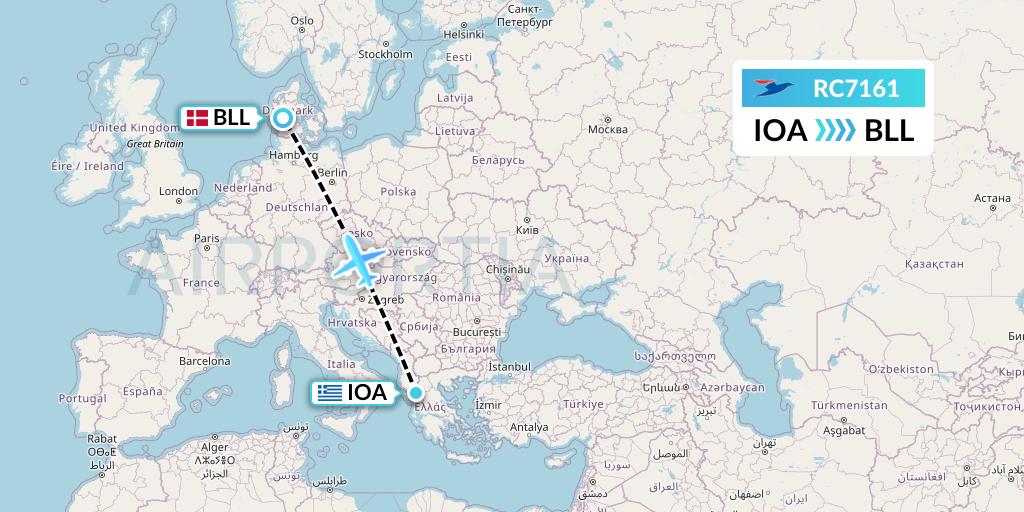 RC7161 Atlantic Airways Flight Map: Ioannina to Billund
