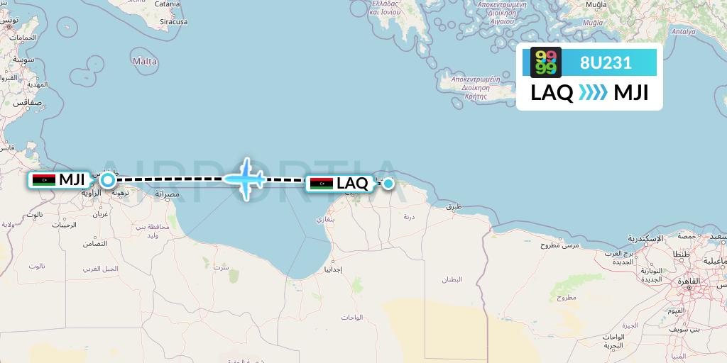 8U231 Afriqiyah Airways Flight Map: Beida to Tripoli