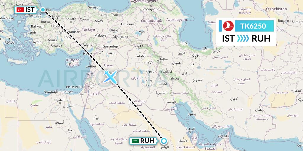 TK6250 Turkish Airlines Flight Map: Istanbul to Riyadh