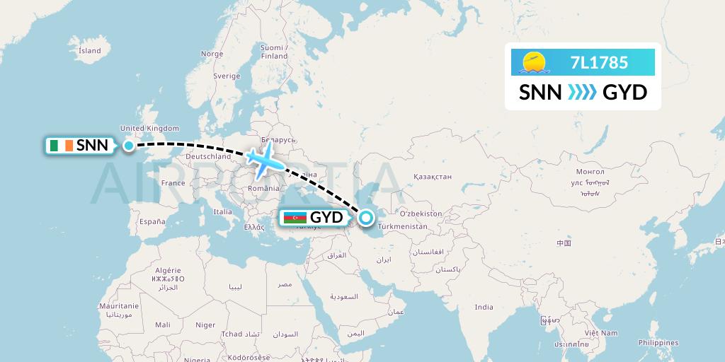 7L1785 Silk Way West Airlines Flight Map: Shannon to Baku