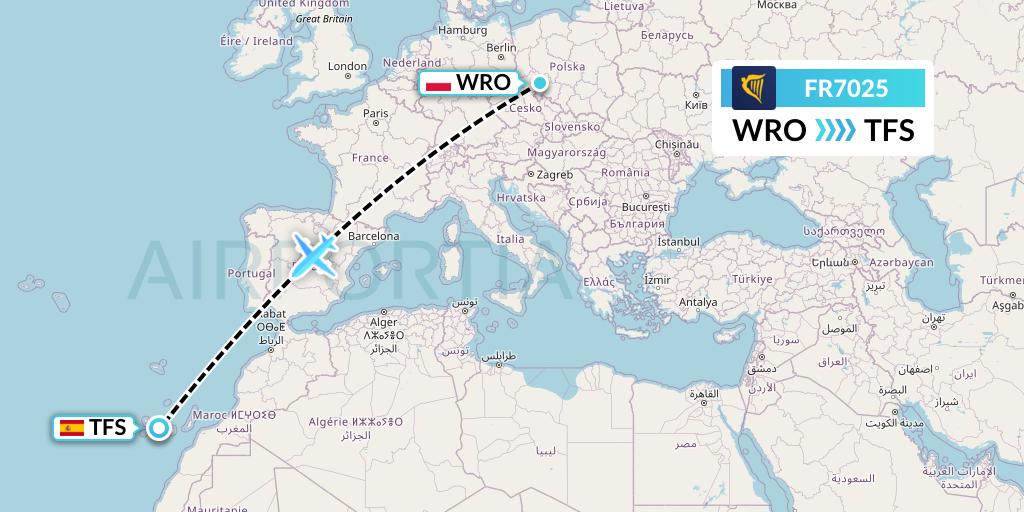 FR7025 Ryanair Flight Map: Wroclaw to Tenerife