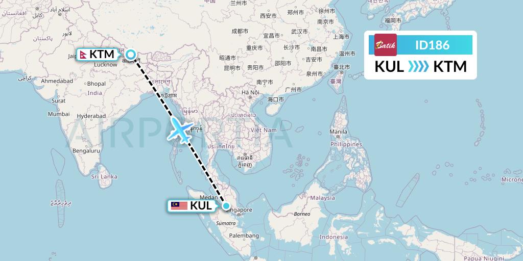 ID186 Batik Air Flight Map: Kuala Lumpur to Kathmandu