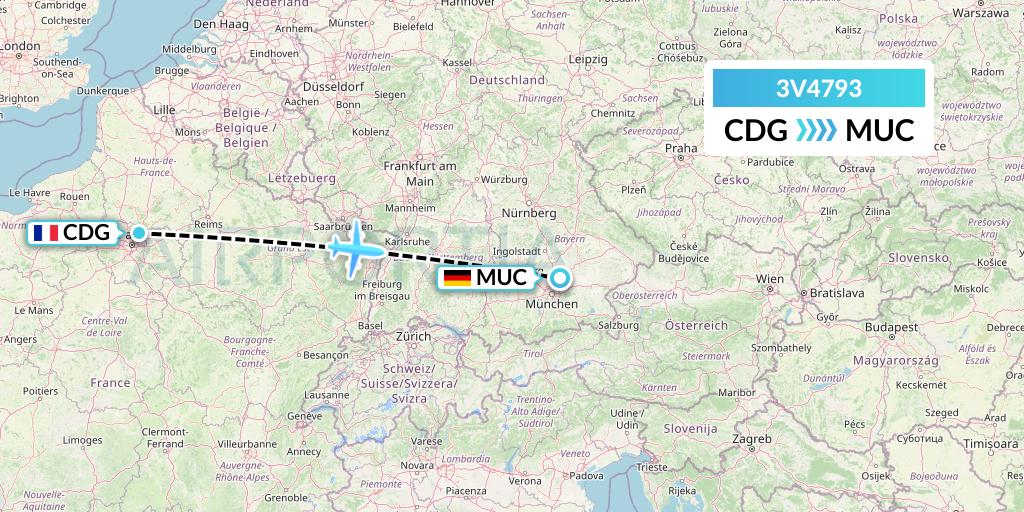 3V4793 ASL Airlines Belgium Flight Map: Paris to Munich