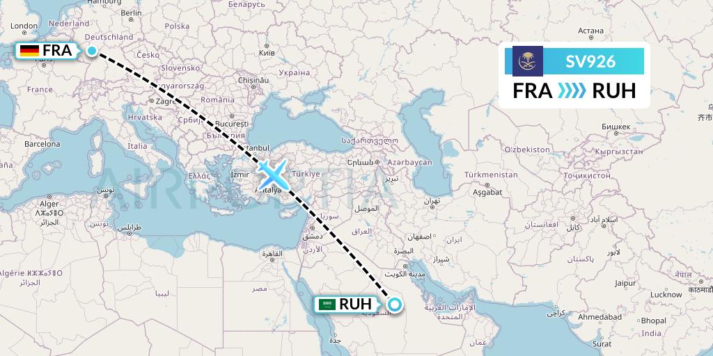 SV926 Saudi Arabian Airlines Flight Map: Frankfurt to Riyadh
