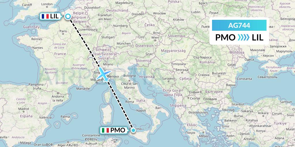 AG744 Aruba Airlines Flight Map: Palermo to Lille