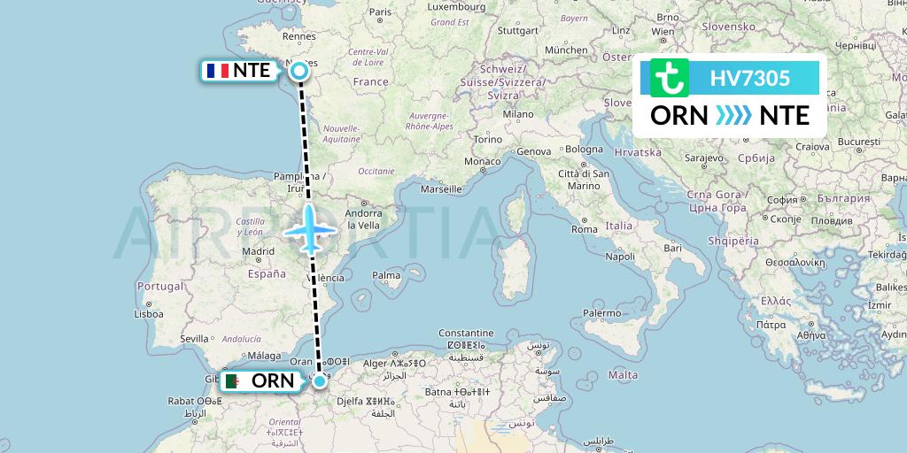 HV7305 Transavia Flight Map: Oran to Nantes