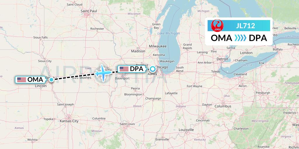 JL712 Japan Airlines Flight Map: Omaha to Chicago
