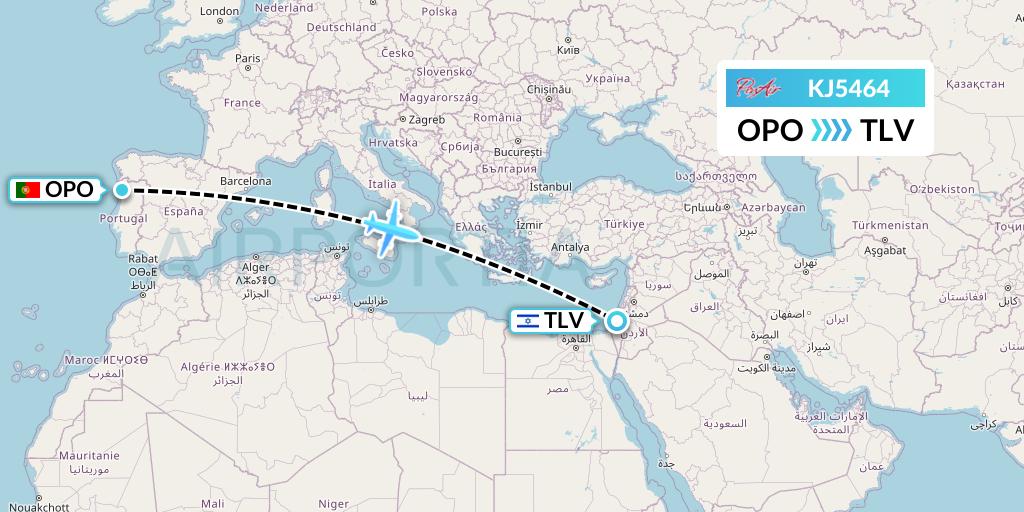 KJ5464 Air Incheon Flight Map: Porto to Tel Aviv