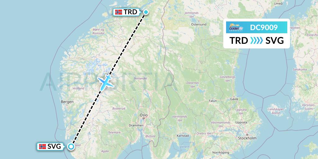DC9009 Braathens Regional Flight Map: Trondheim to Stavanger