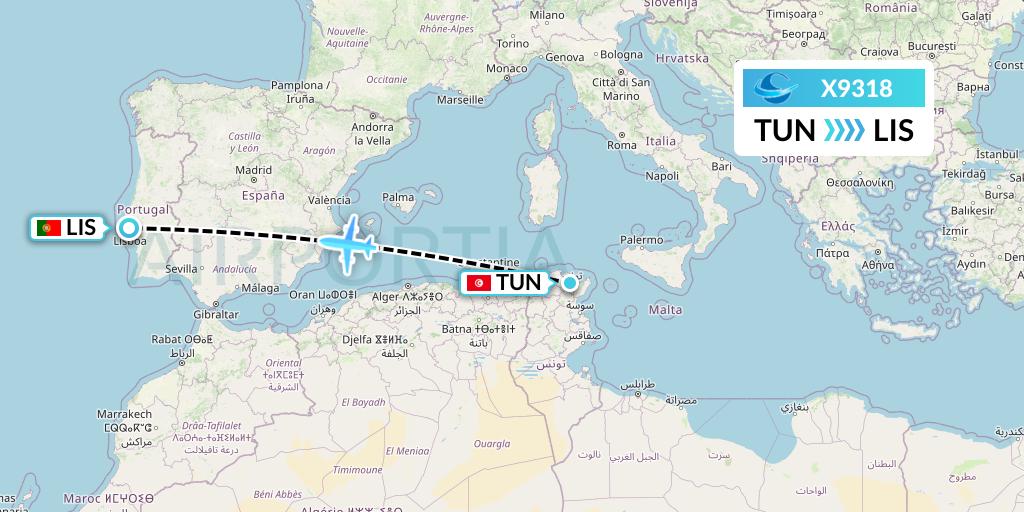 X9318 Avion Express Flight Map: Tunis to Lisbon