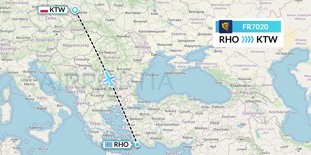 FR7020 Ryanair Flight Map: Rhodes to Katowice