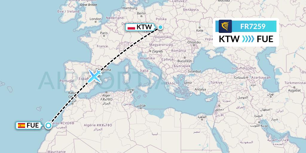 FR7259 Ryanair Flight Map: Katowice to Fuerteventura