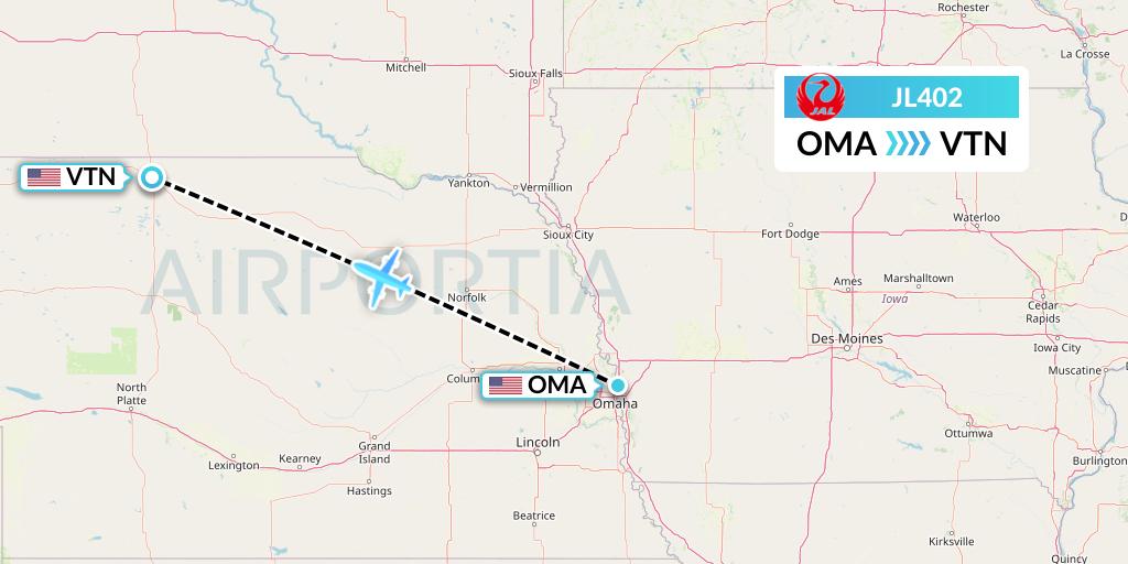 JL402 Japan Airlines Flight Map: Omaha to Valentine
